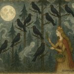 illustration of Milica breaking the curse on twelve princes in a Serbian forest.An