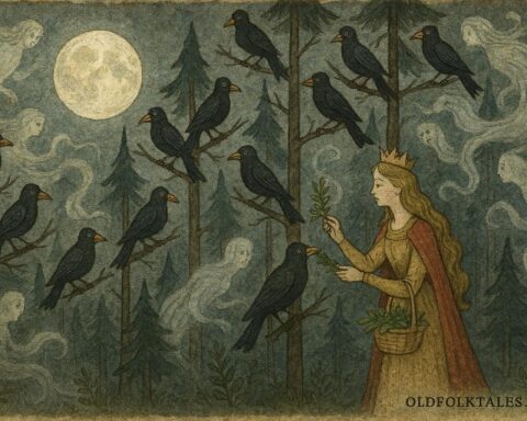 illustration of Milica breaking the curse on twelve princes in a Serbian forest.An