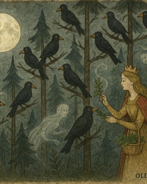illustration of Milica breaking the curse on twelve princes in a Serbian forest.An