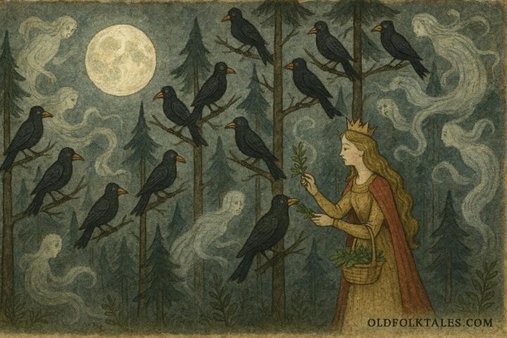 illustration of Milica breaking the curse on twelve princes in a Serbian forest.An