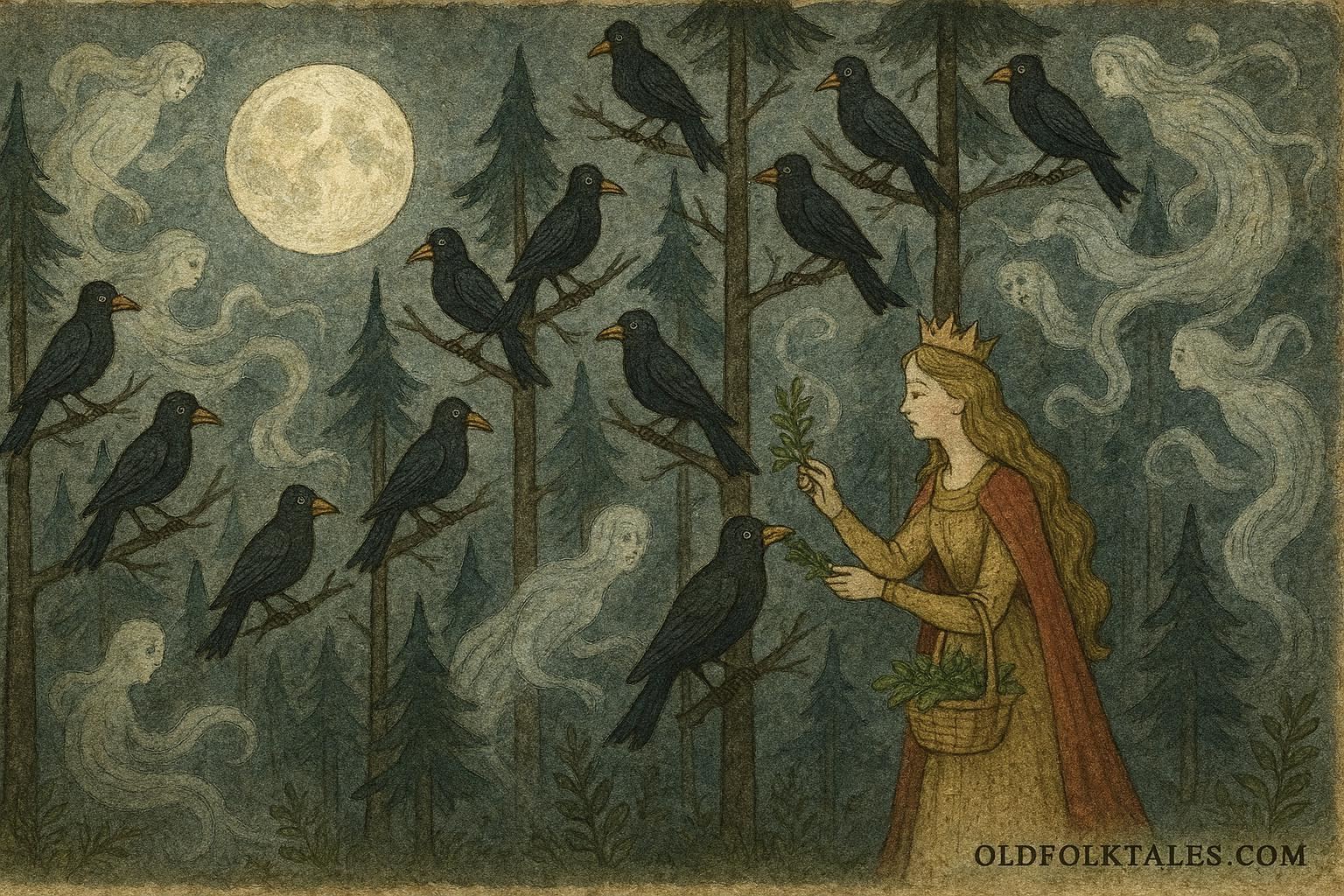 illustration of Milica breaking the curse on twelve princes in a Serbian forest.An