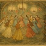 An illustration of twelve princesses dancing in enchanted underground hall, Greek folktale scene.