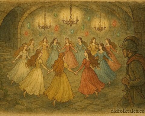 An illustration of twelve princesses dancing in enchanted underground hall, Greek folktale scene.