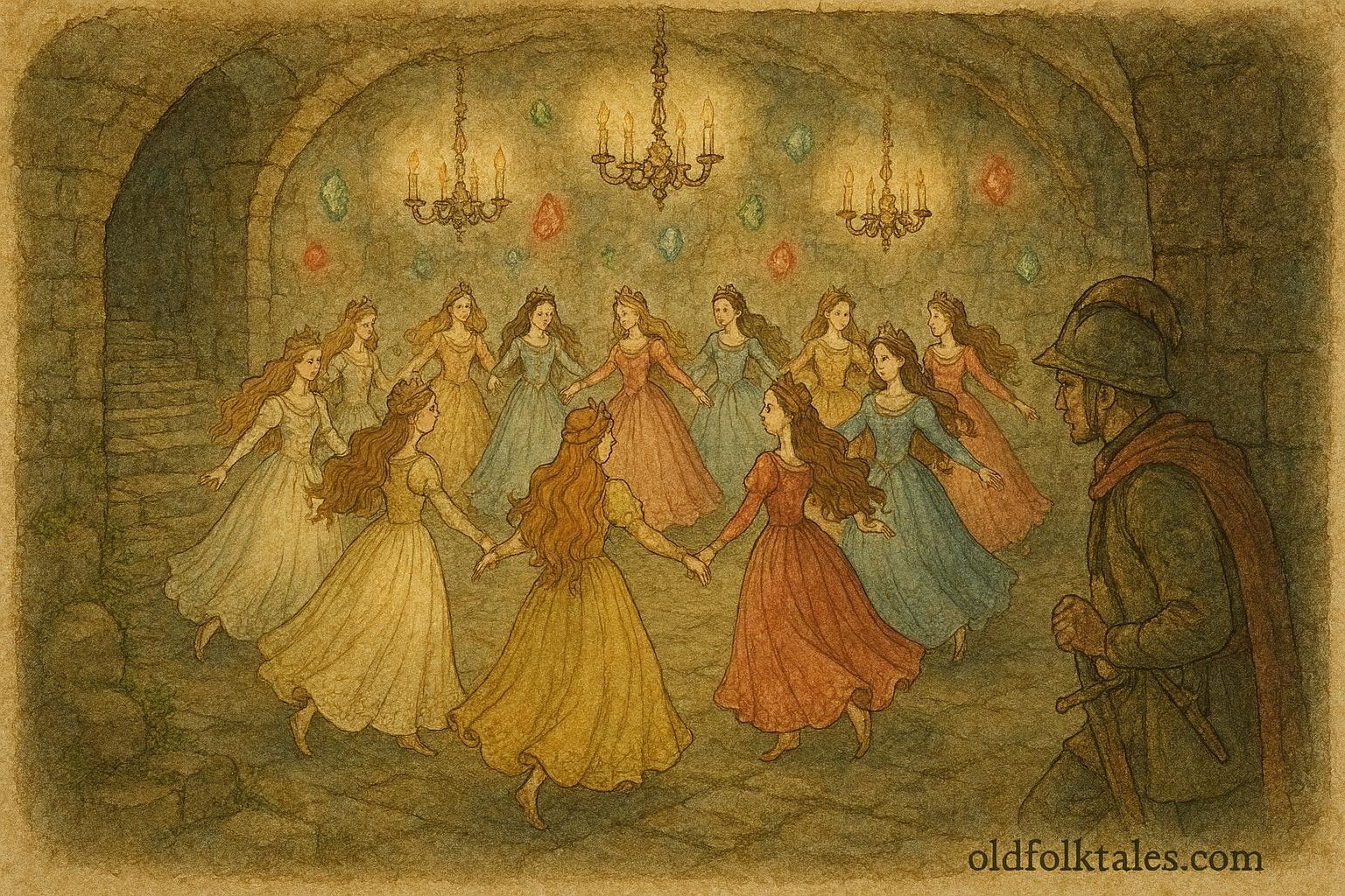 An illustration of twelve princesses dancing in enchanted underground hall, Greek folktale scene.