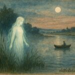 An illustration of the Wiślana Rusałka water spirit appearing along the Vistula River at dusk.