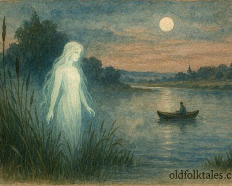 An illustration of the Wiślana Rusałka water spirit appearing along the Vistula River at dusk.