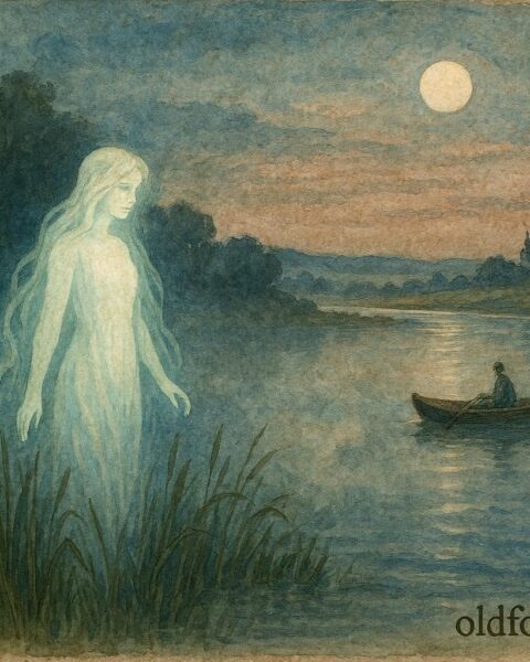 An illustration of the Wiślana Rusałka water spirit appearing along the Vistula River at dusk.