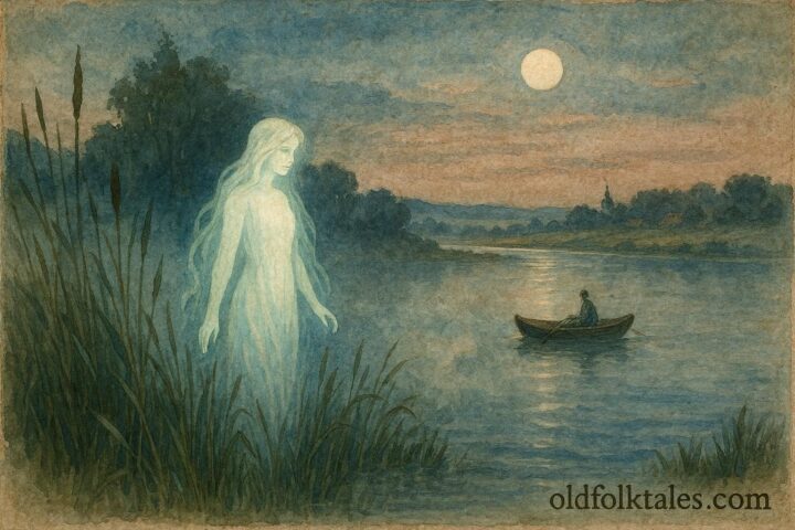 An illustration of the Wiślana Rusałka water spirit appearing along the Vistula River at dusk.