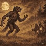 An illustration of the Campine werewolf transforming at night, Flemish folktale scene.