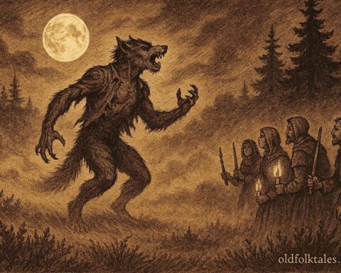 An illustration of the Campine werewolf transforming at night, Flemish folktale scene.