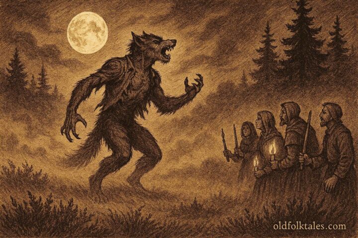 An illustration of the Campine werewolf transforming at night, Flemish folktale scene.