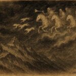 An artwork of ghostly Wild Hunt riders in Alpine storm, Austrian folktale scene.