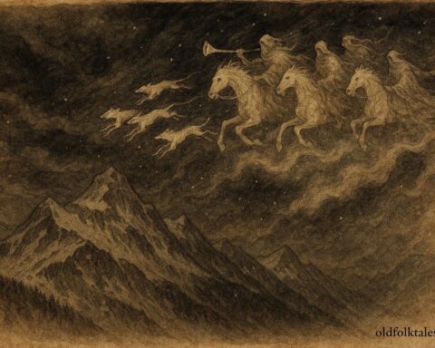 An artwork of ghostly Wild Hunt riders in Alpine storm, Austrian folktale scene.