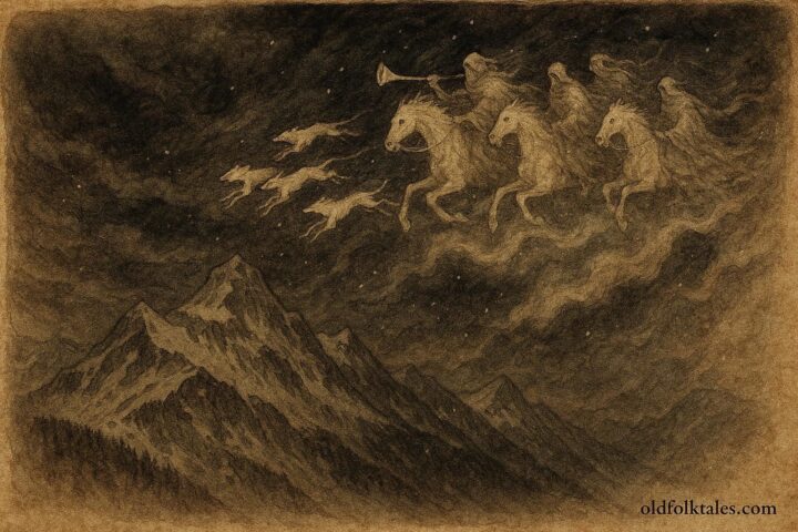 An artwork of ghostly Wild Hunt riders in Alpine storm, Austrian folktale scene.