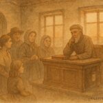 An artwork of the Wise Judge resolving disputes in a Slovak village, folklore scene.