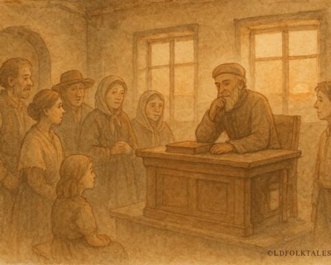 An artwork of the Wise Judge resolving disputes in a Slovak village, folklore scene.