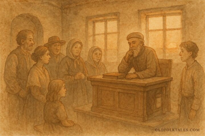 An artwork of the Wise Judge resolving disputes in a Slovak village, folklore scene.