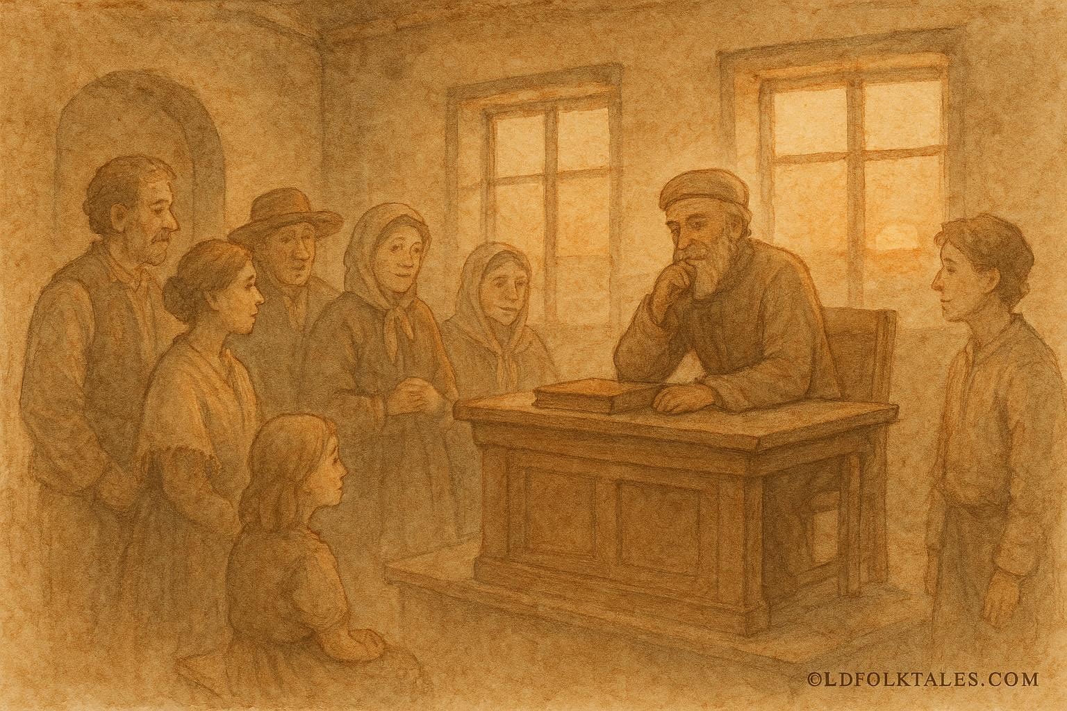An artwork of the Wise Judge resolving disputes in a Slovak village, folklore scene.