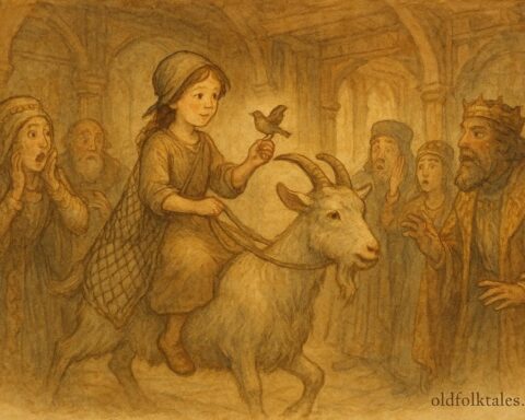 An artwork of girl on goat before tsar, Russian folktale scene.