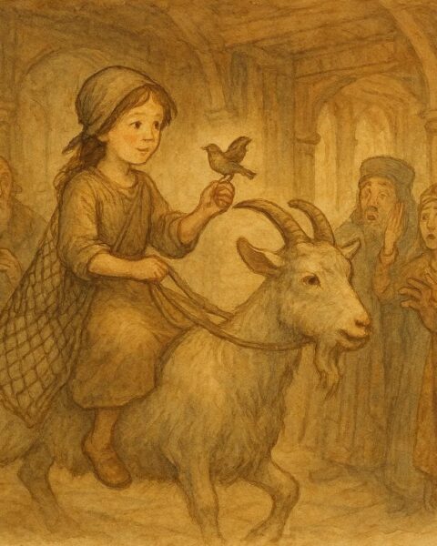 An artwork of girl on goat before tsar, Russian folktale scene.