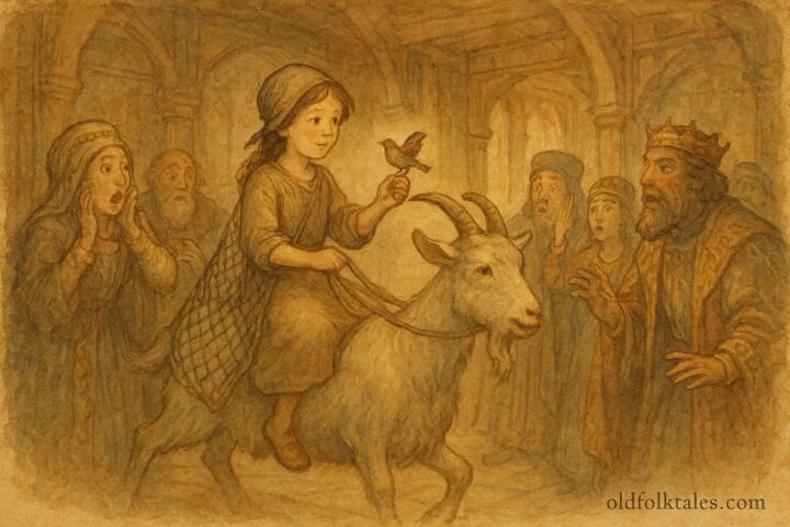 An artwork of girl on goat before tsar, Russian folktale scene.