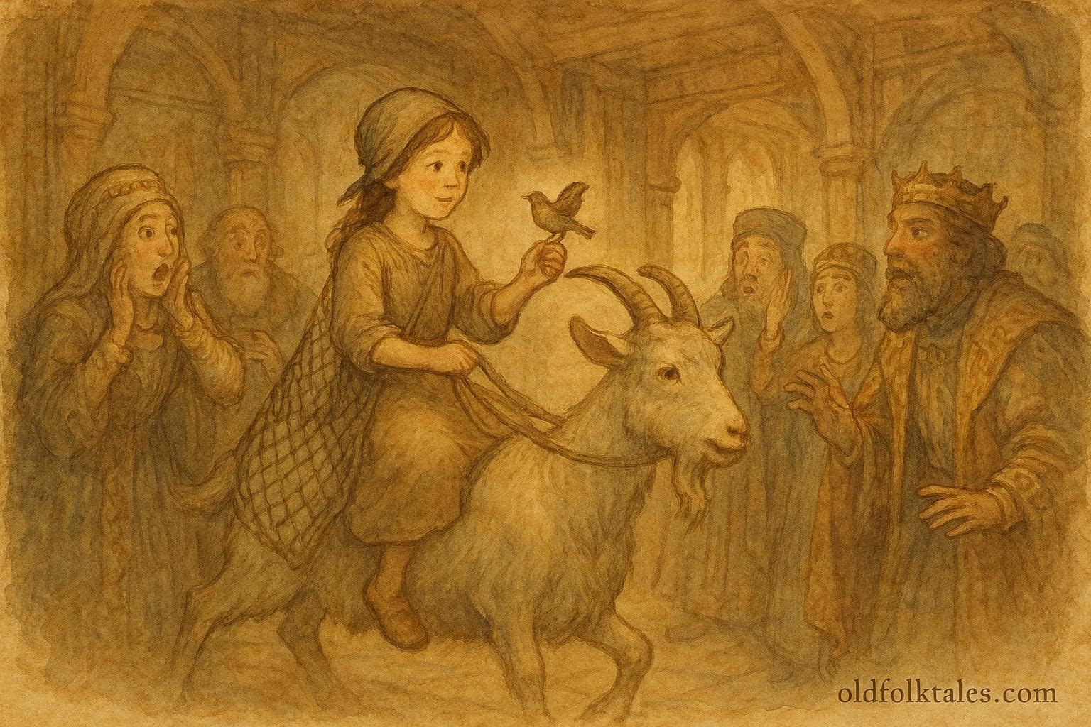 An artwork of girl on goat before tsar, Russian folktale scene.