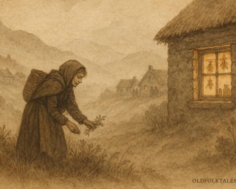 An illustration of a Highland healer woman using herbs and charms to protect Knockmany village.