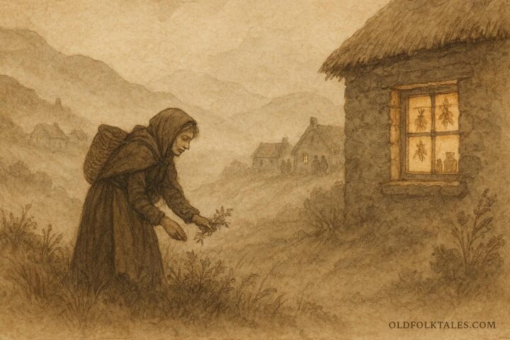 An illustration of a Highland healer woman using herbs and charms to protect Knockmany village.
