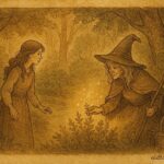 An artwork of Marica meeting the healer witch in Plitvice forest, Croatian folktale scene.
