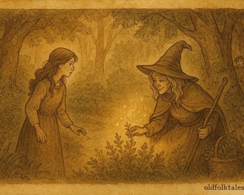 An artwork of Marica meeting the healer witch in Plitvice forest, Croatian folktale scene.