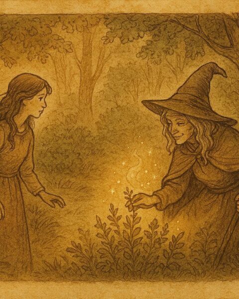 An artwork of Marica meeting the healer witch in Plitvice forest, Croatian folktale scene.