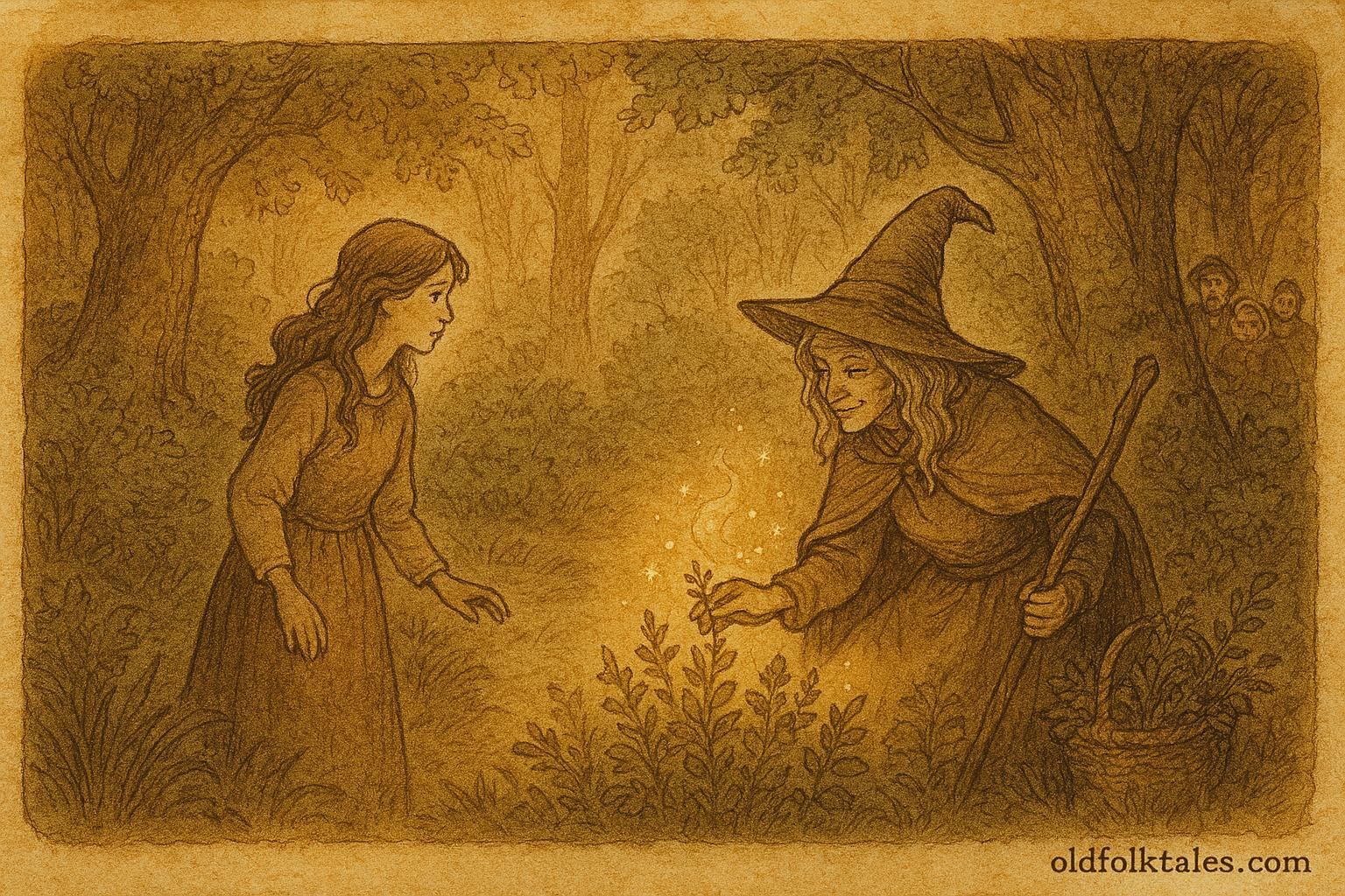 An artwork of Marica meeting the healer witch in Plitvice forest, Croatian folktale scene.