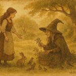 An artwork of Ilka meeting the forest witch, Hungarian folktale scene.
