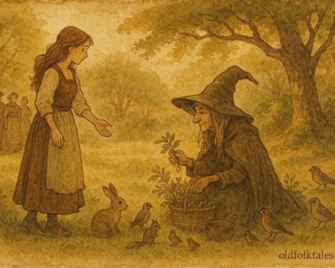 An artwork of Ilka meeting the forest witch, Hungarian folktale scene.
