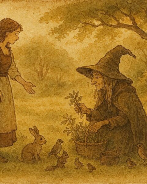 An artwork of Ilka meeting the forest witch, Hungarian folktale scene.