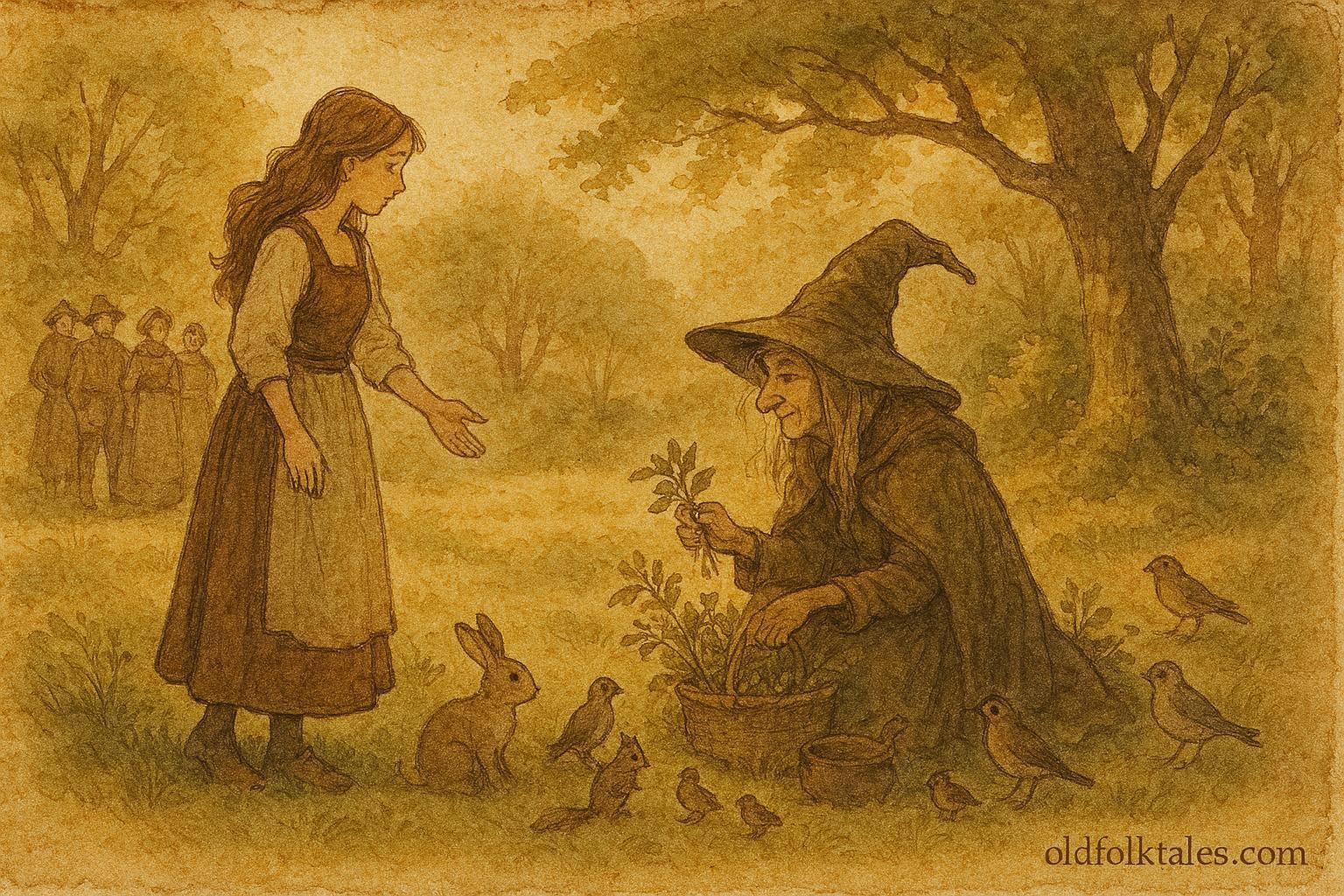 An artwork of Ilka meeting the forest witch, Hungarian folktale scene.