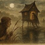 An illustration of Pieter confronting the witch at the Zaan River, Dutch folktale scene.