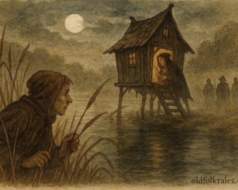 An illustration of Pieter confronting the witch at the Zaan River, Dutch folktale scene.