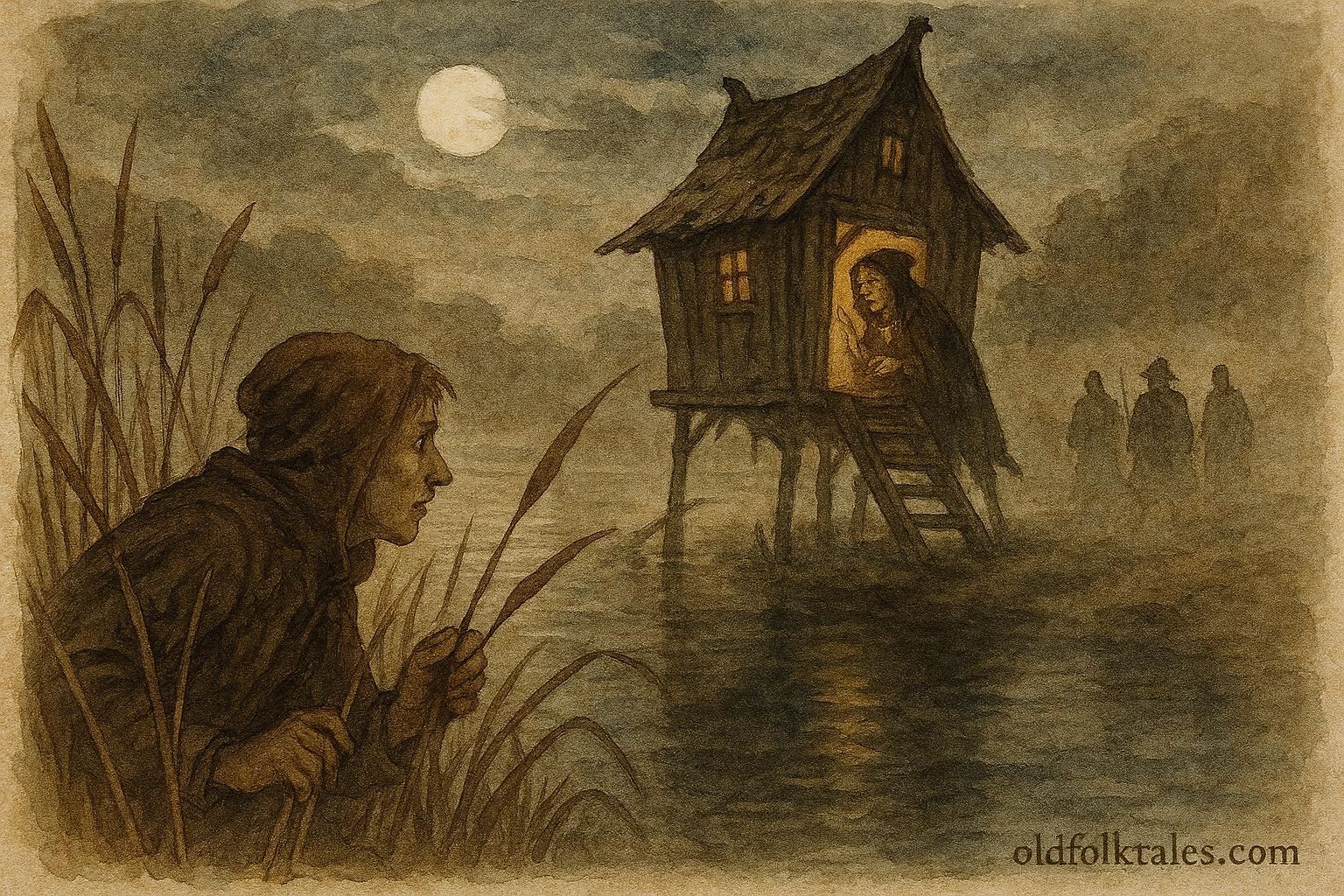 An illustration of Pieter confronting the witch at the Zaan River, Dutch folktale scene.