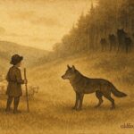 An artwork of shepherd boy and wolf facing pack, Serbian folktale scene.