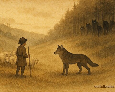An artwork of shepherd boy and wolf facing pack, Serbian folktale scene.