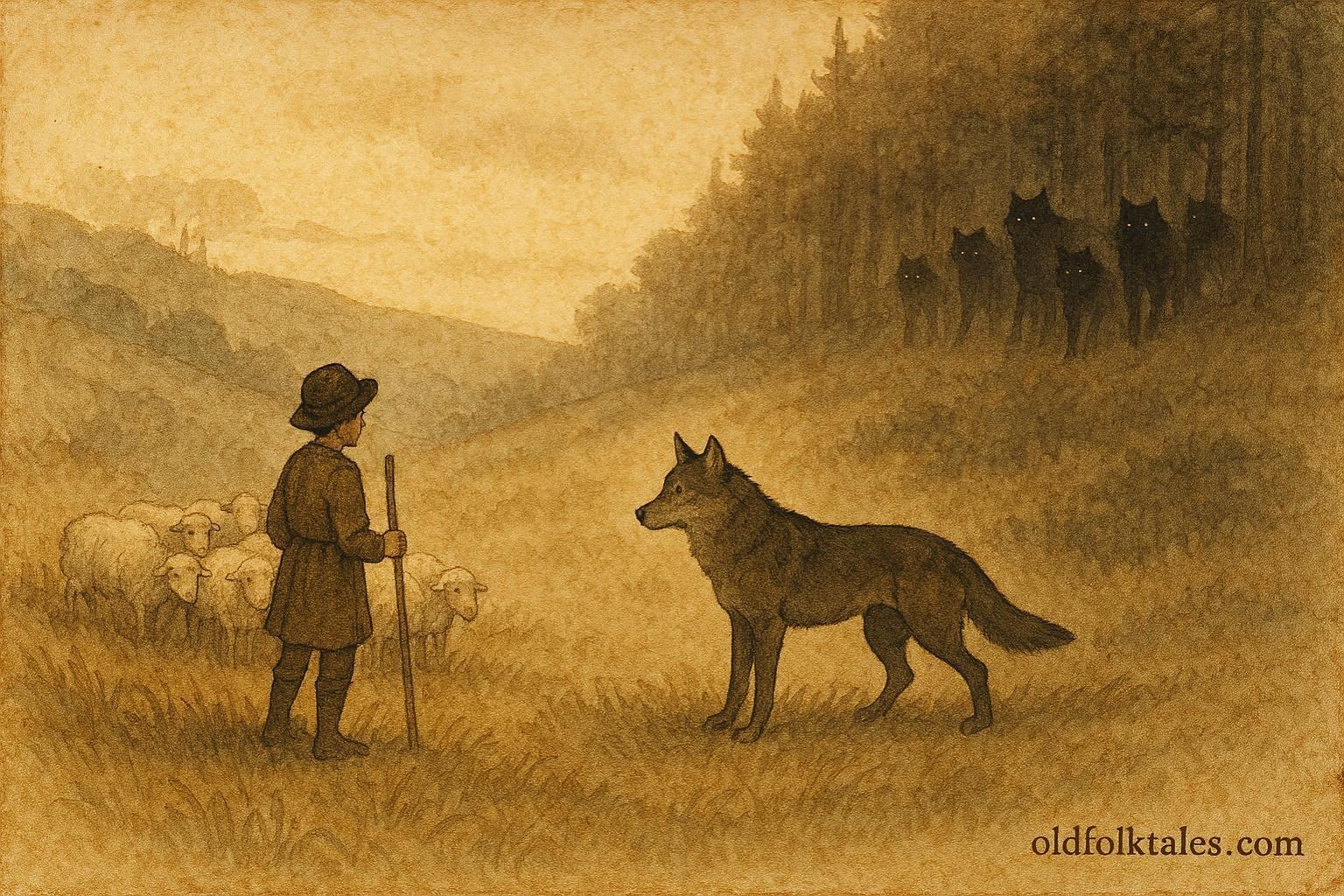 An artwork of shepherd boy and wolf facing pack, Serbian folktale scene.