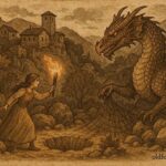 An illustration of Elira trapping a dragon in Albanian village, Kosovo folklore scene.