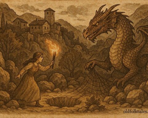 An illustration of Elira trapping a dragon in Albanian village, Kosovo folklore scene.