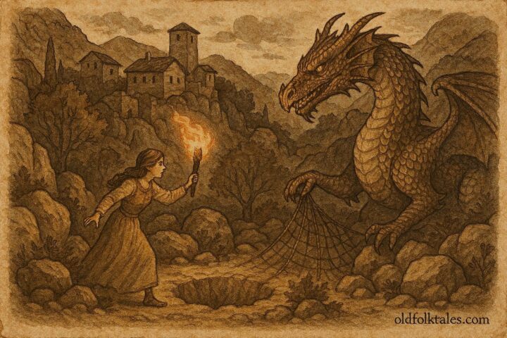 An illustration of Elira trapping a dragon in Albanian village, Kosovo folklore scene.
