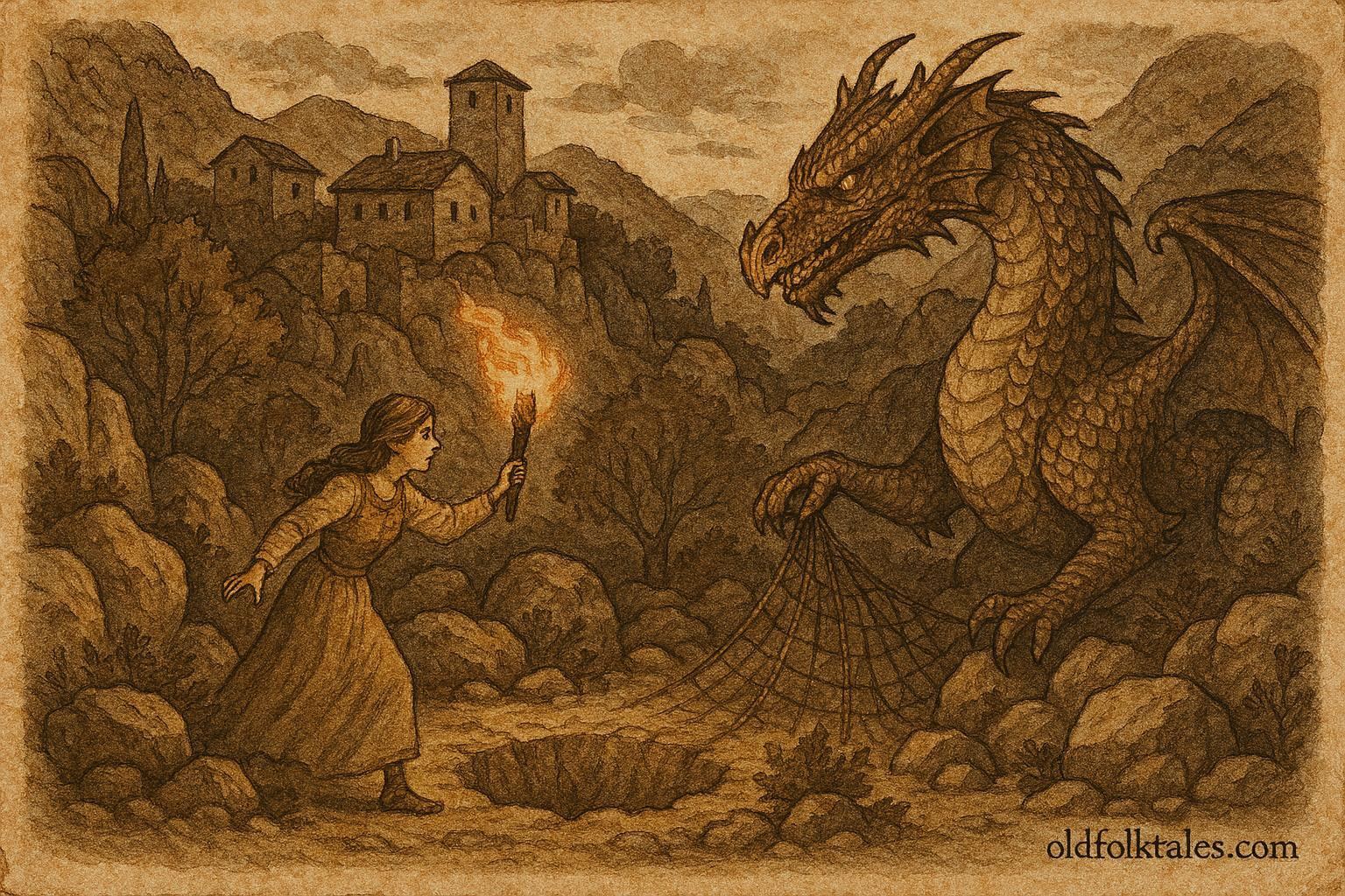 An illustration of Elira trapping a dragon in Albanian village, Kosovo folklore scene.