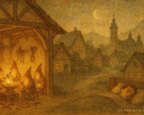 An artwork of Zwergl dwarfs crafting at night in Salzburg, Austrian folktale scene.
