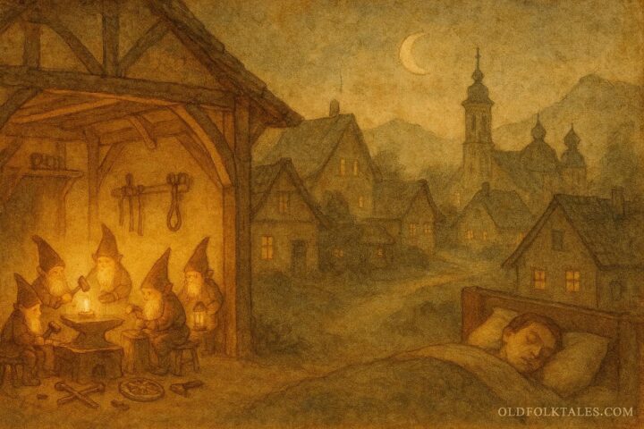 An artwork of Zwergl dwarfs crafting at night in Salzburg, Austrian folktale scene.