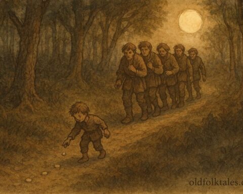 An illustration of Tom Thumb dropping stones to mark a path in a dark forest.