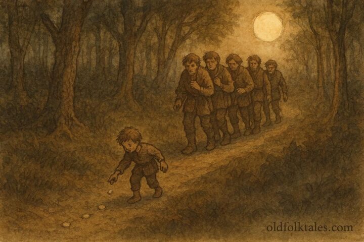 An illustration of Tom Thumb dropping stones to mark a path in a dark forest.